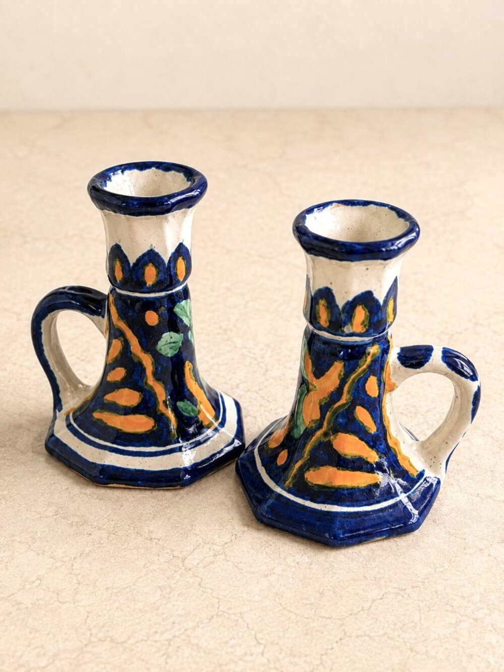 VTG Mexican Talavera Pottery Candlestick Holders Pair Handmade Blue Yellow